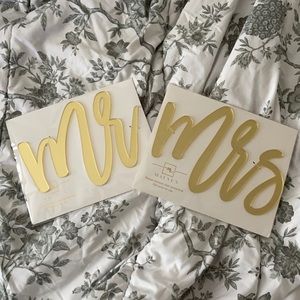 New Gold Mr and Mrs chair signs. Come with white ribbon. Wedding decor.
